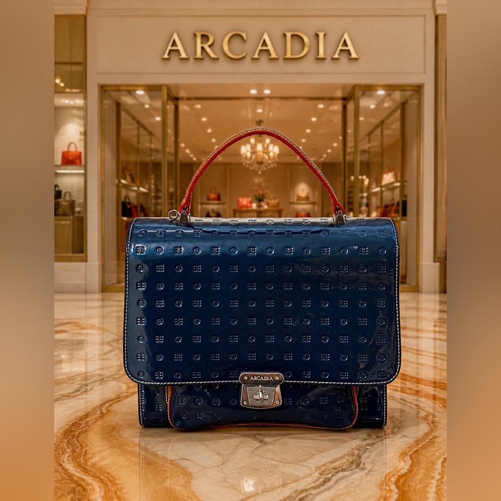 Arcadia Navy Patent Italian Leather Embossed Top-Handle Satchel w Red Trim EUC